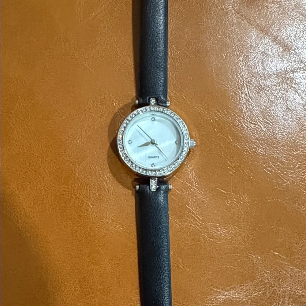 Quartz Watch with Black Strap and Crystal Accents